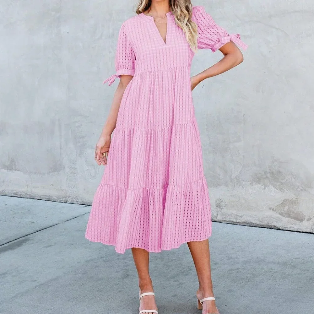 Pink Elegant Women's Casual V Neck Plaid Midi Maternity Dress - Picture 3 of 5